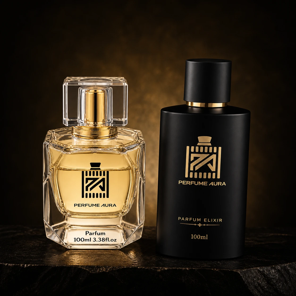Perfume Aura Signature Series clear glass bottle beside the matte-black Inspired Series bottle